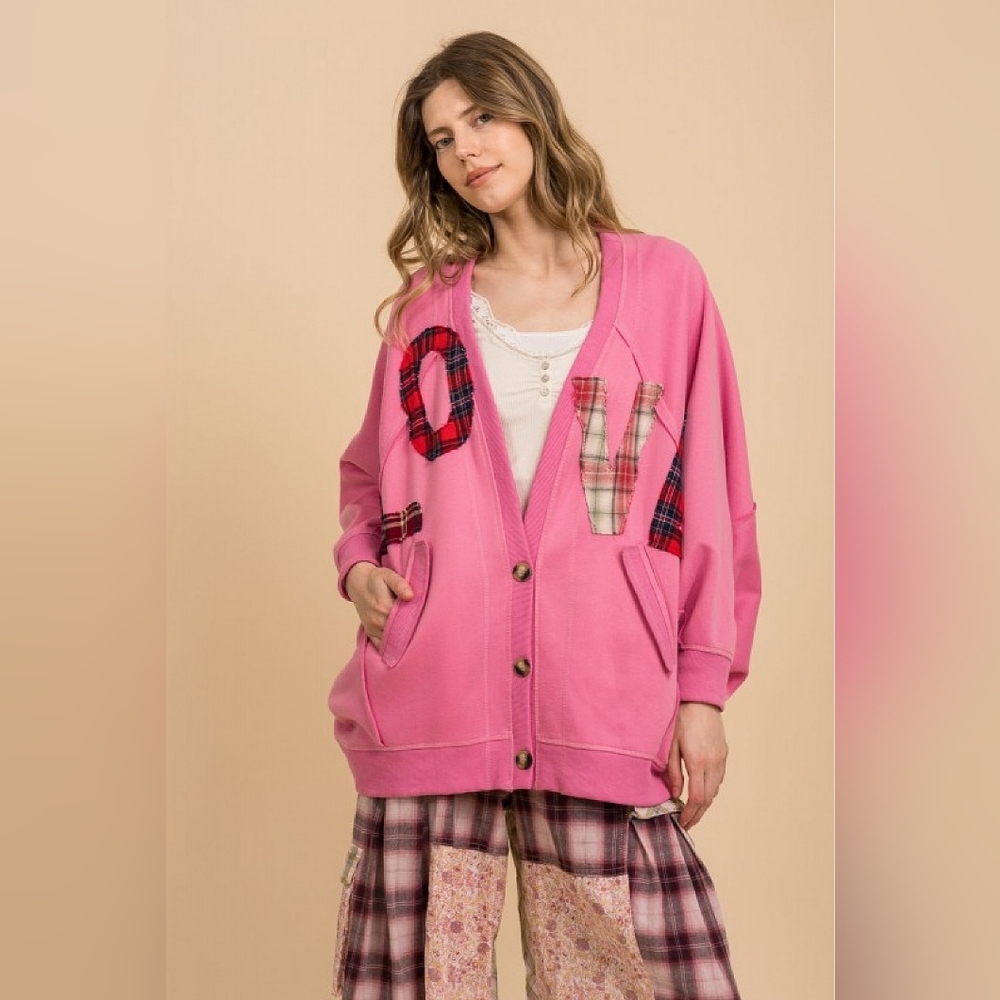 3-1210 *boutique* Oversized LOVE Plaid Pink Fleece Lined Button Cardigan - Picture 8 of 10
